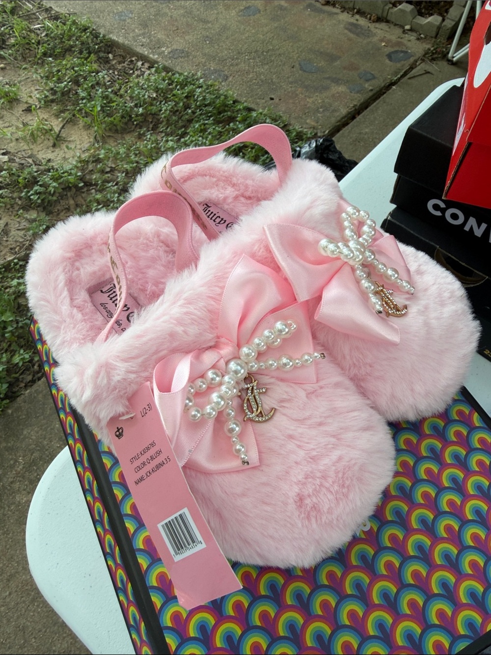 Juicy Couture Pink Fuzzy Pearl Bow Slippers